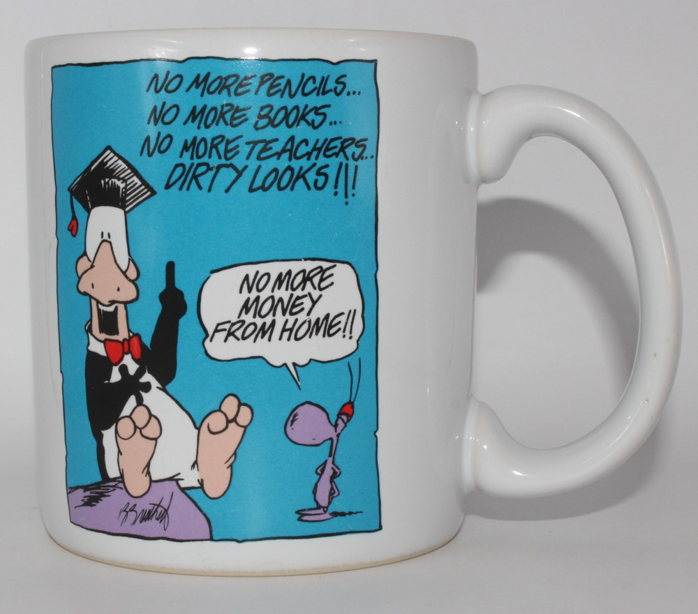 Vintage Opus 'n Bill Carlton Cards mug 1994 Thailand Graduation No More Pencils